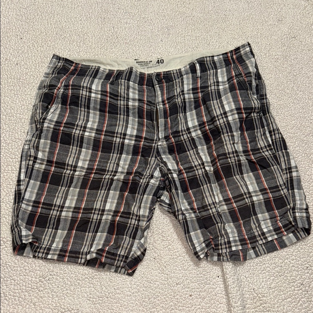 Old Navy Khaki Plaid Shorts with Black and Red Accents